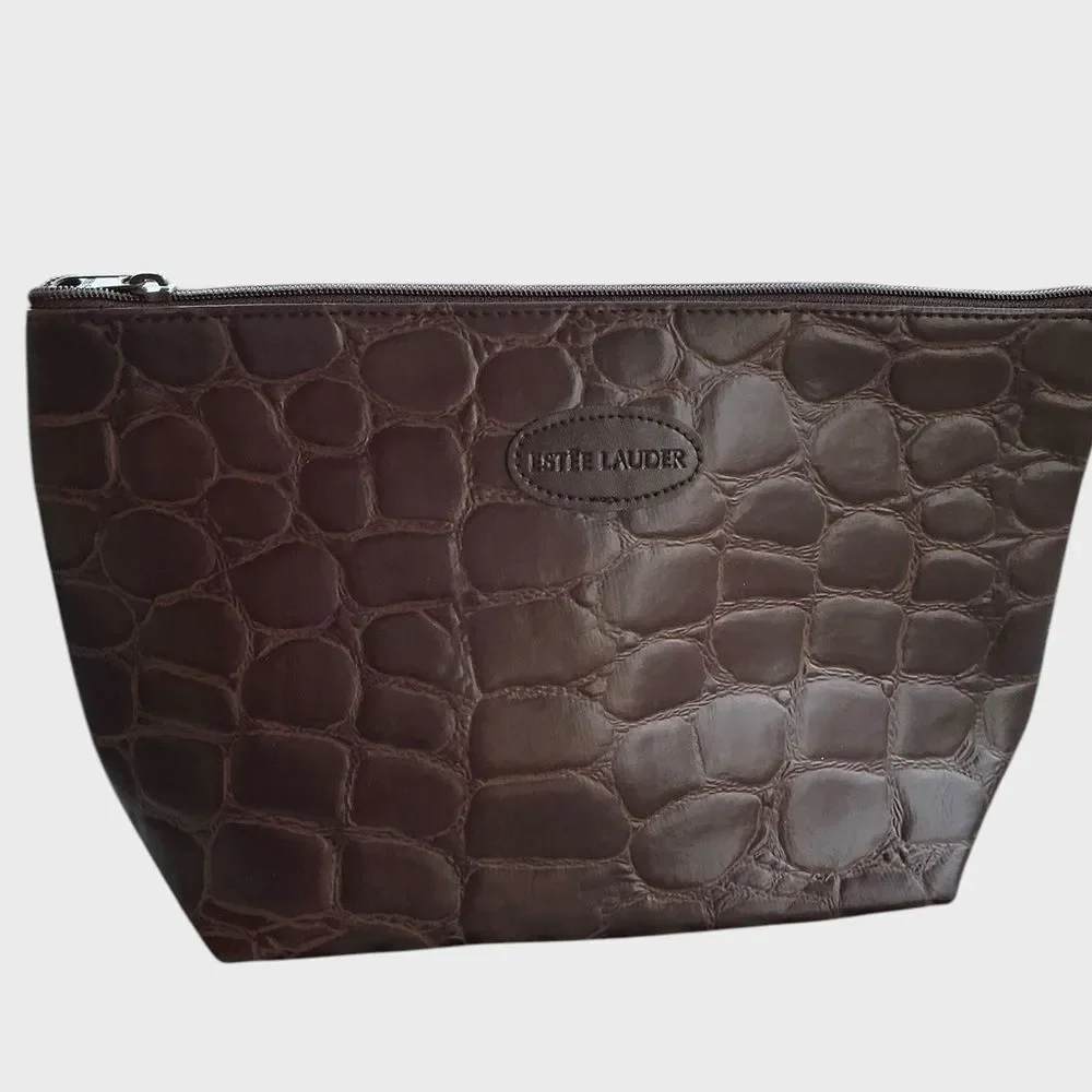 Estée Lauder Brown Croc Embossed Cosmetic Bag Makeup Travel Pouch